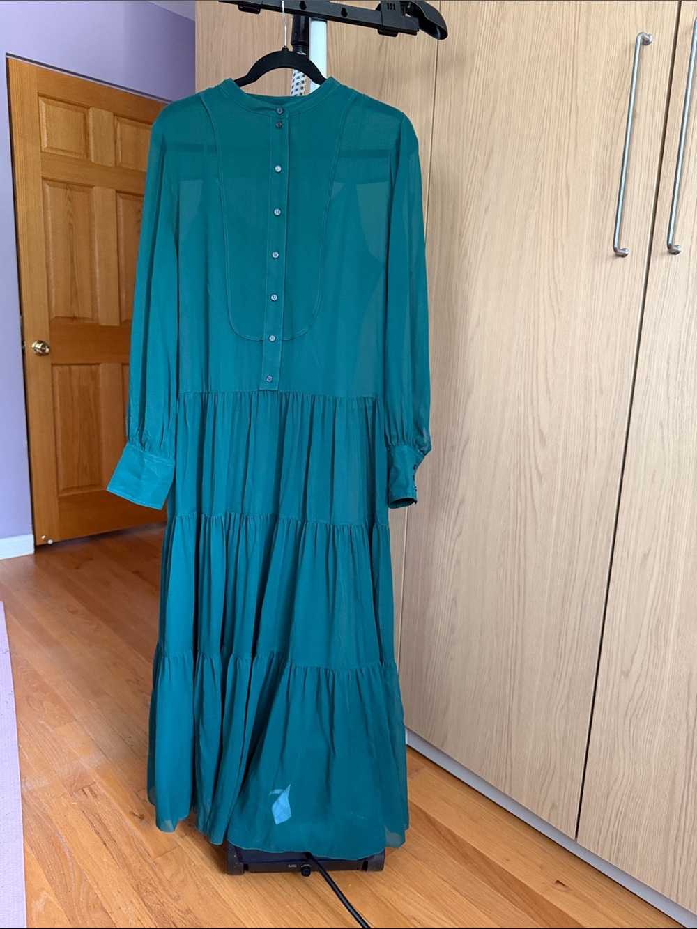 J. Crew Collection 100% Silk Green Long-Sleeve Tiered Maxi Dress